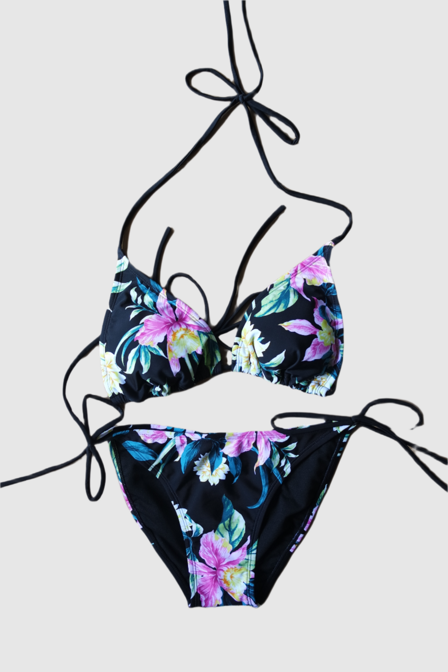 Two Piece String Bikini Set - Hawaiian Flowers Black and Purple
