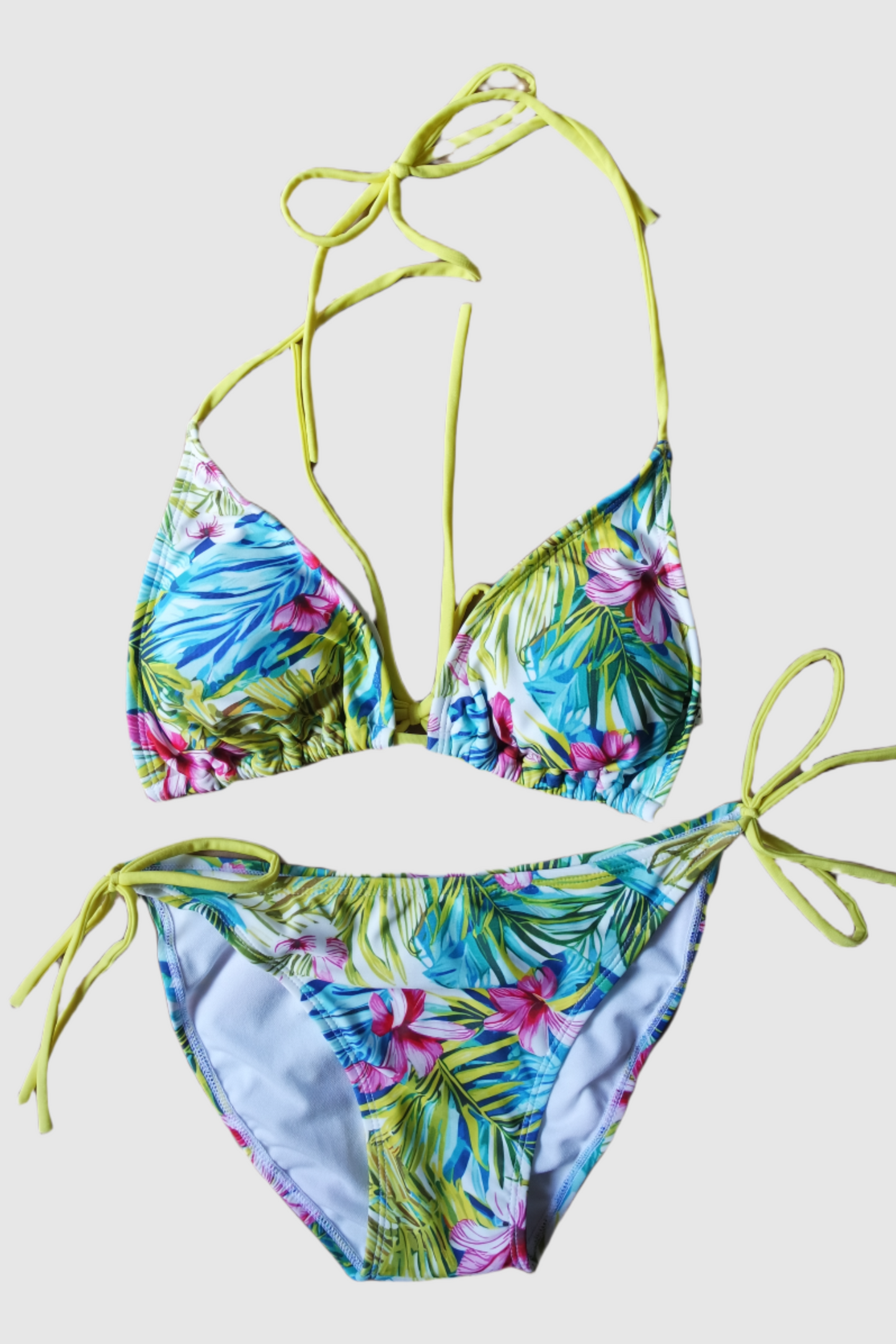 Two Piece String Bikini Set - Hawaiian Flowers Yellow