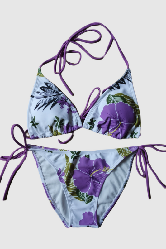 Two Piece String Bikini Set - White and Purple Hibiscus