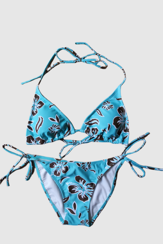 Two Piece String Bikini Set - Teal and Brown Hawaiian Floral Print