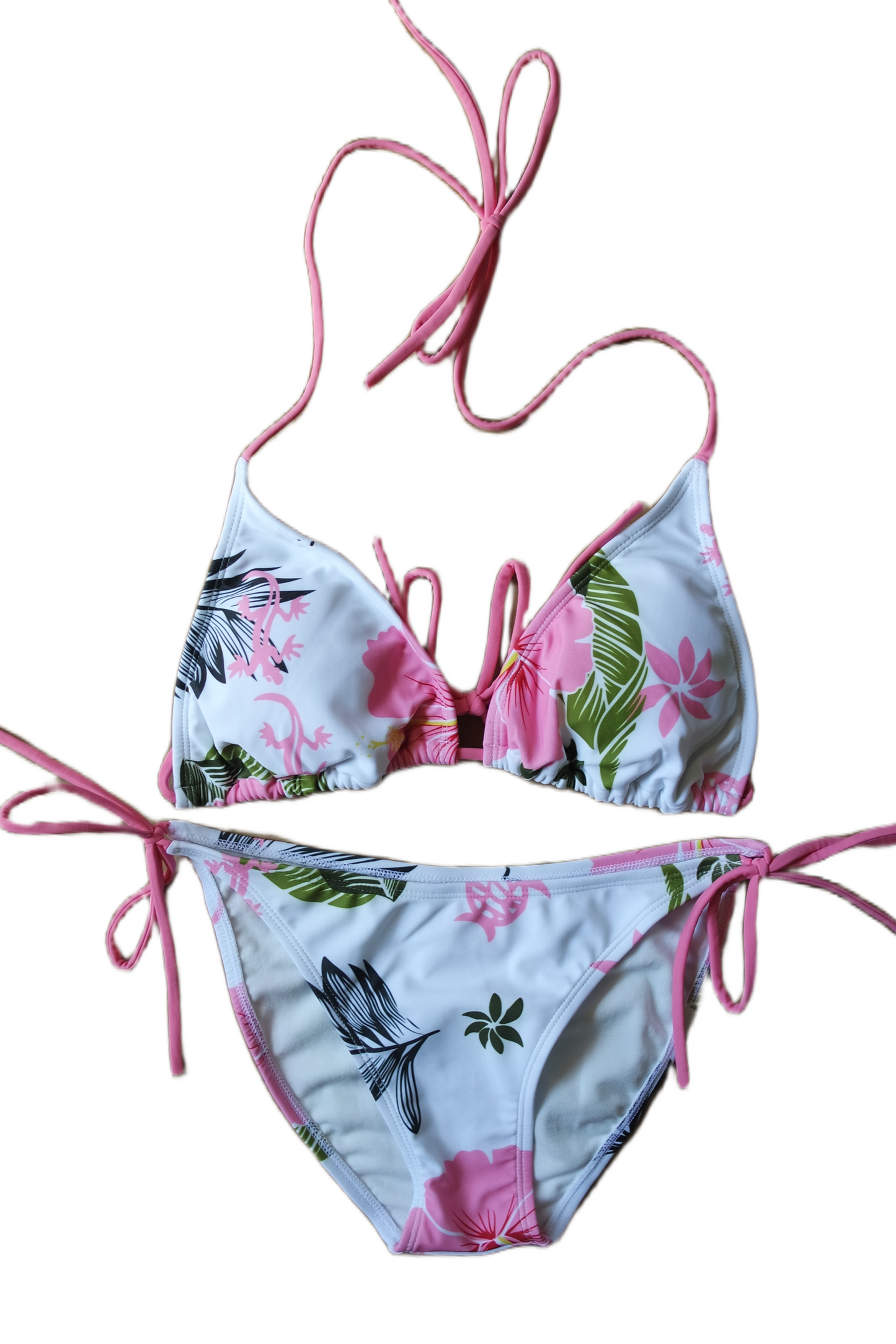 Two Piece String Bikini Set - White With Pink Hibiscus/Gecko/Turtle and Black/Green Leaves Pattern