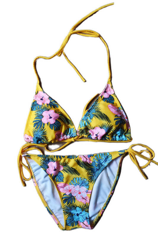 Two Piece String Bikini Set - Yellow with Pink Flowers