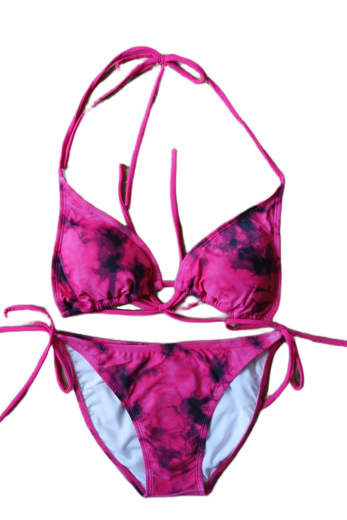 Two Piece String Bikini Set - Pink and Black Tye-Dye