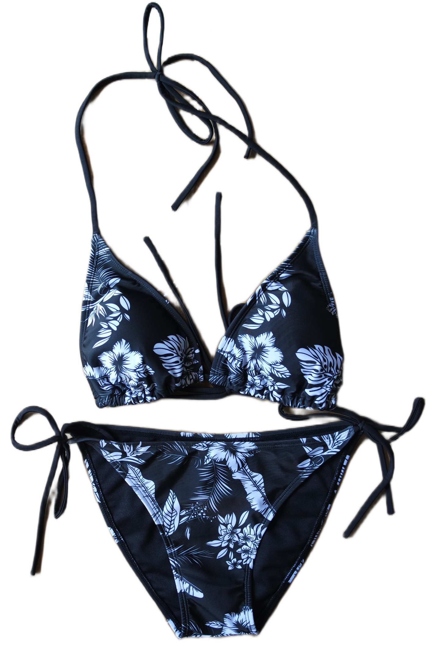 Two Piece String Bikini Set - Black and White Hawaiian Floral Print