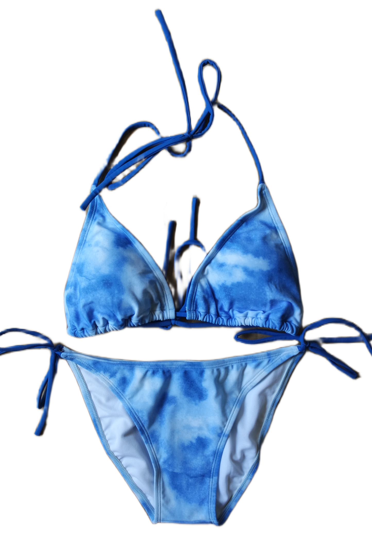 Two Piece String Bikini Set - Blue and White Tye-Dye