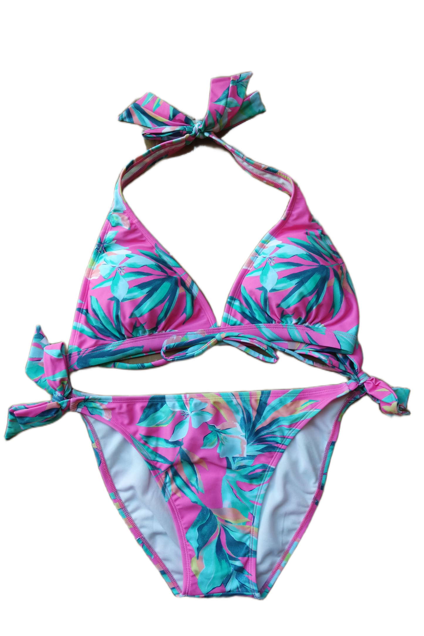 Two Piece Fashion Bikini Set - Halter Top - Pink Hawaiian Floral Print
