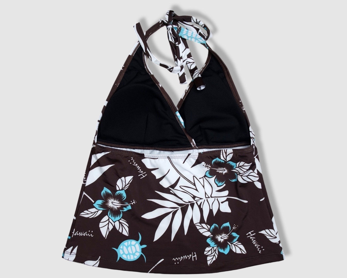 Two Piece Tying Halter Top Tankini Set - Brown with Blue Hibiscus/Turtle and White Leaves Pattern, with Brown Shorts