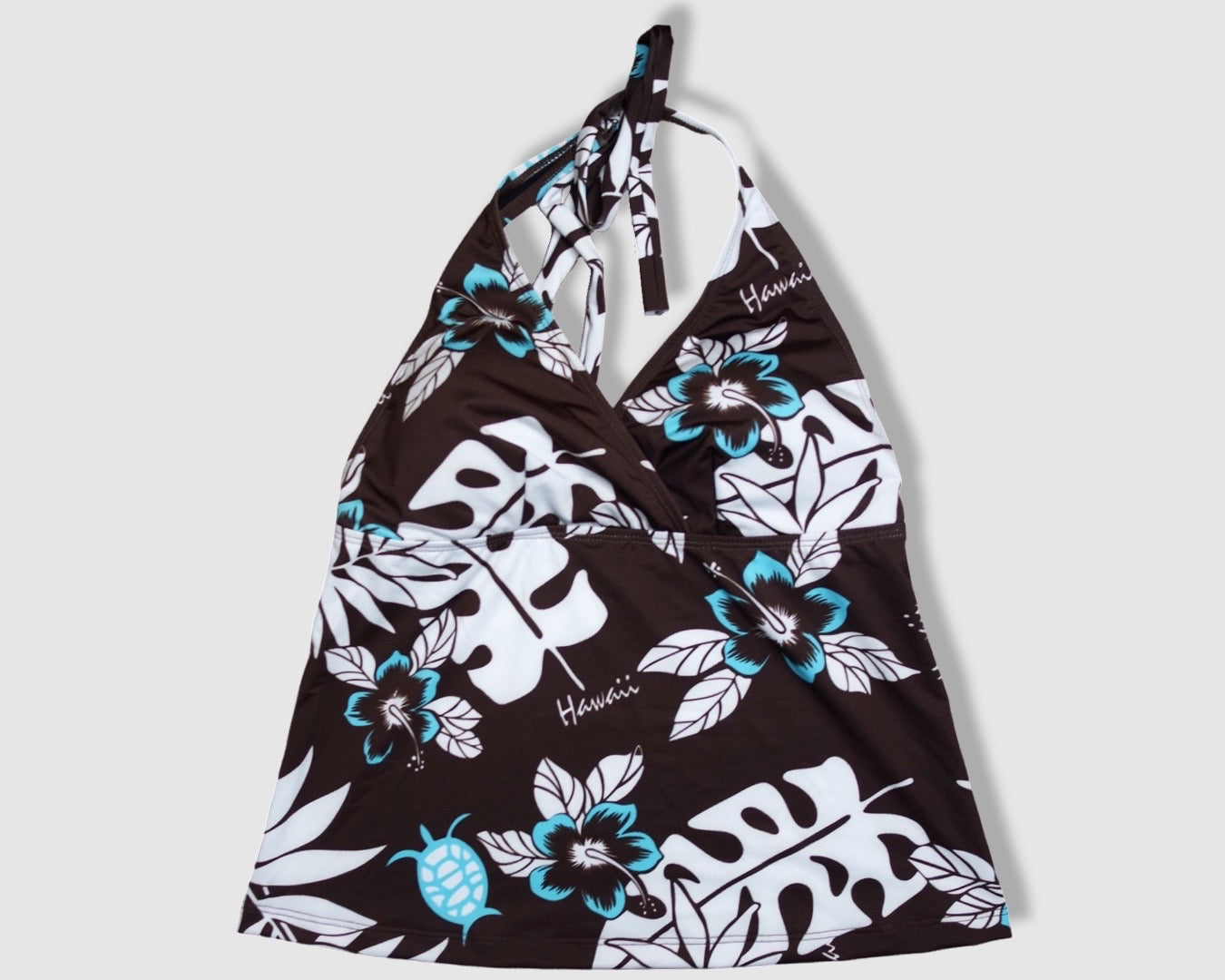 Two Piece Tying Halter Top Tankini Set - Brown with Blue Hibiscus/Turtle and White Leaves Pattern, with Brown Shorts