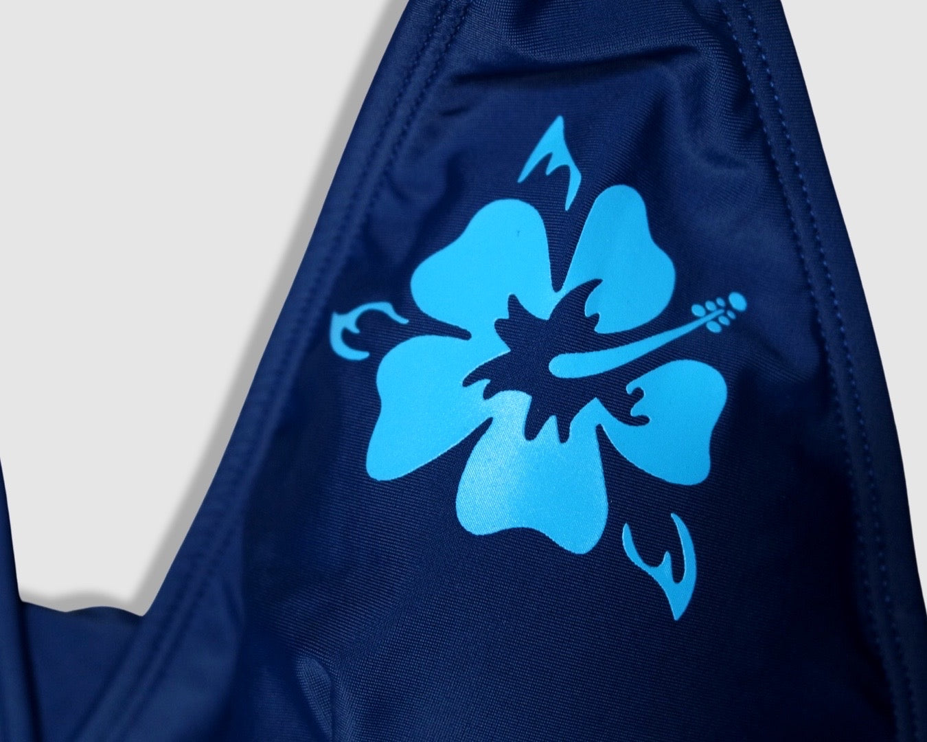 Tying Bikini Halter Top - Navy Blue With Light Blue Hibiscus