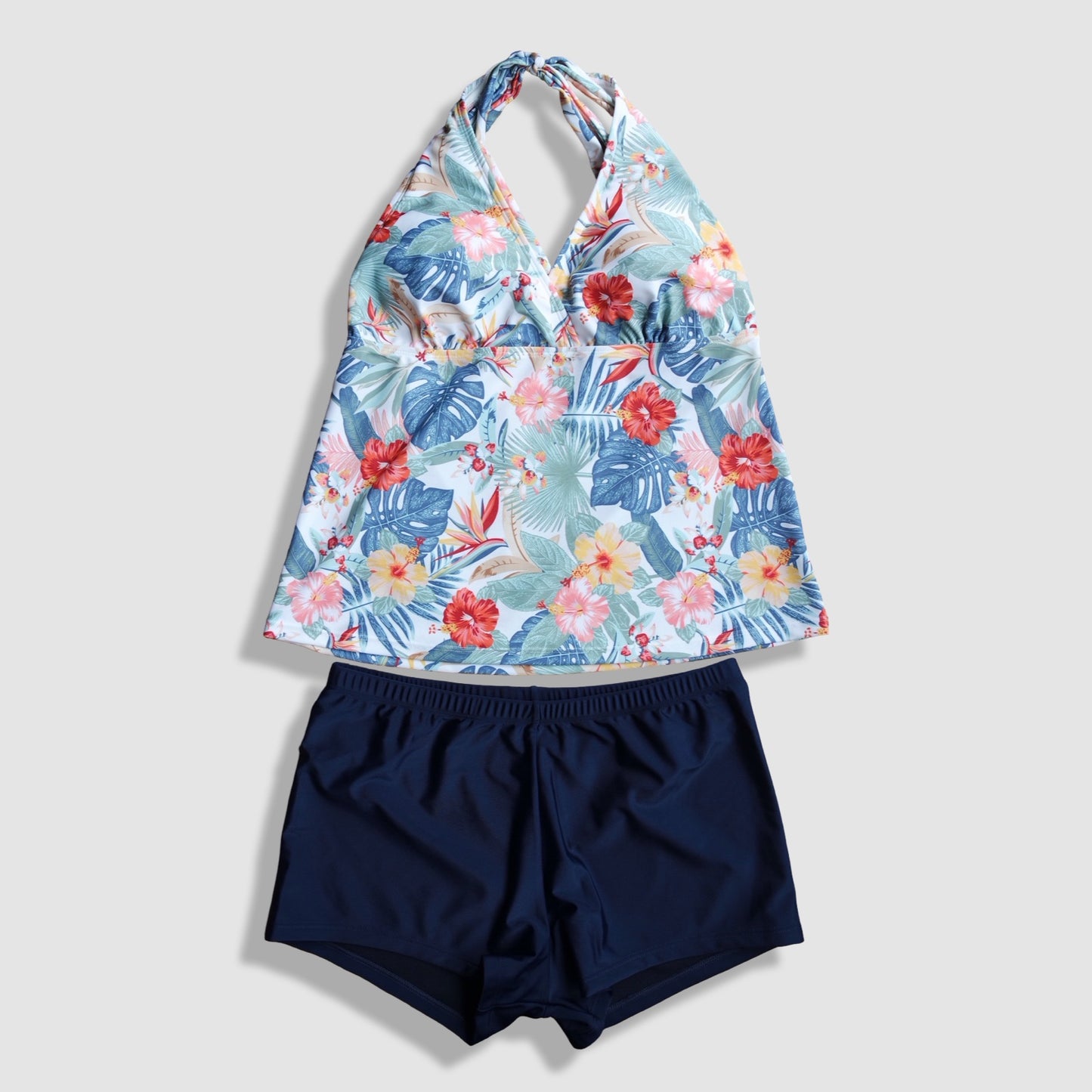 Two Piece Tying Halter Top Tankini Set - Blue Hawaiian Floral Pattern, with Navy Shorts