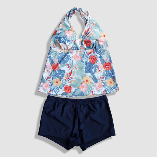Two Piece Tying Halter Top Tankini Set - Blue Hawaiian Floral Pattern, with Navy Shorts