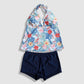 Two Piece Tying Halter Top Tankini Set - Blue Hawaiian Floral Pattern, with Navy Shorts