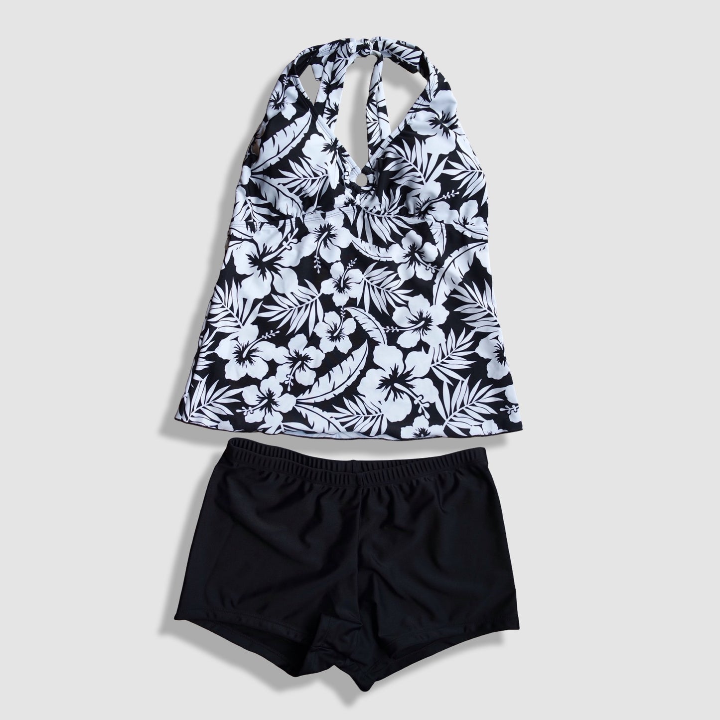 Two Piece Tying Halter Top Tankini Set - Black and White Hawaiian Floral Pattern, with Black Shorts
