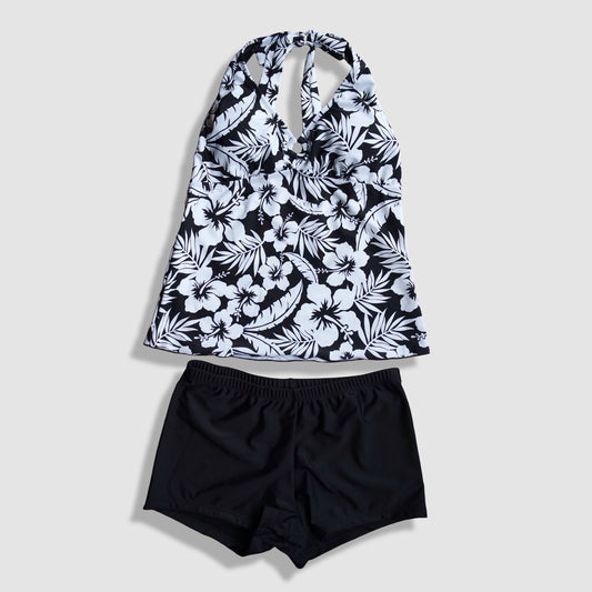 Two Piece Tying Halter Top Tankini Set - Black and White Hawaiian Floral Pattern, with Black Shorts