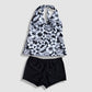 Two Piece Tying Halter Top Tankini Set - Black and White Hawaiian Floral Pattern, with Black Shorts