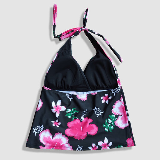 Two Piece Tying Halter Top Tankini Set - Black and Pink Hibiscus Pattern, with Matching Shorts
