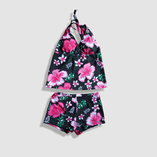 Two Piece Tying Halter Top Tankini Set - Black and Pink Hibiscus Pattern, with Matching Shorts