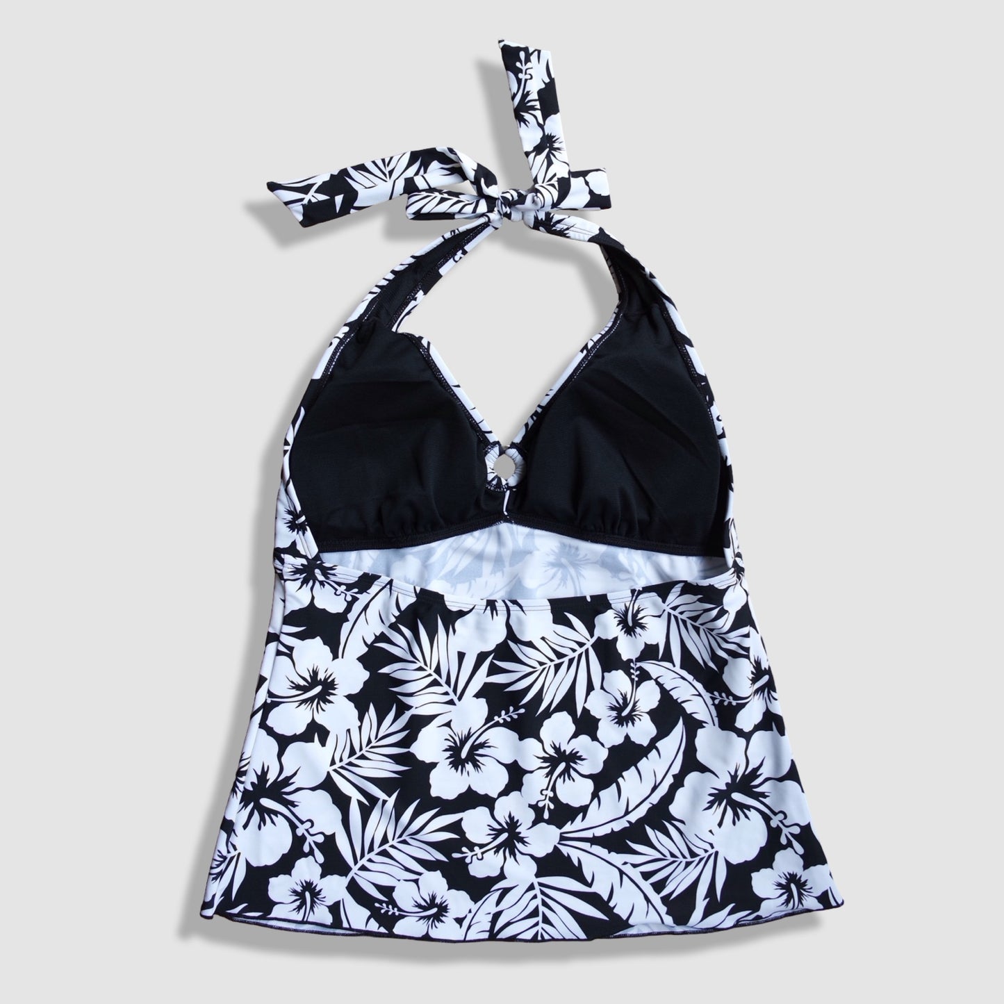 Two Piece Tying Halter Top Tankini Set - Black and White Hawaiian Floral Pattern, with Black Shorts
