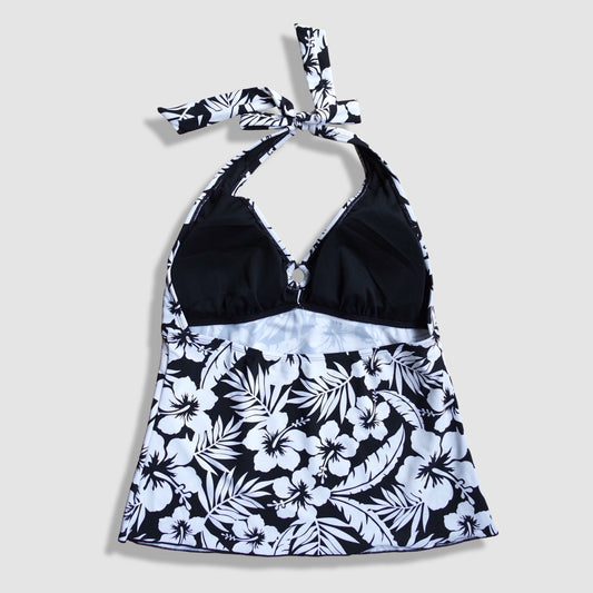 Two Piece Tying Halter Top Tankini Set - Black and White Hawaiian Floral Pattern, with Black Shorts