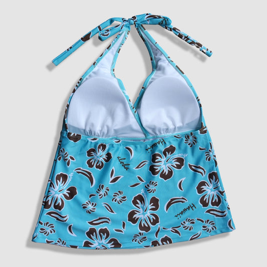 Two Piece Tying Halter Top Tankini Set - Blue and Brown Hibiscus Pattern, with Matching Shorts
