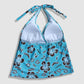 Two Piece Tying Halter Top Tankini Set - Blue and Brown Hibiscus Pattern, with Matching Shorts