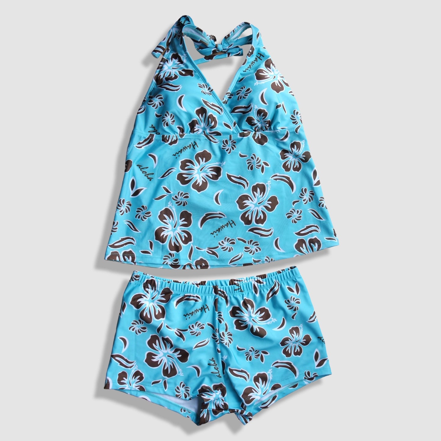 Two Piece Tying Halter Top Tankini Set - Blue and Brown Hibiscus Pattern, with Matching Shorts