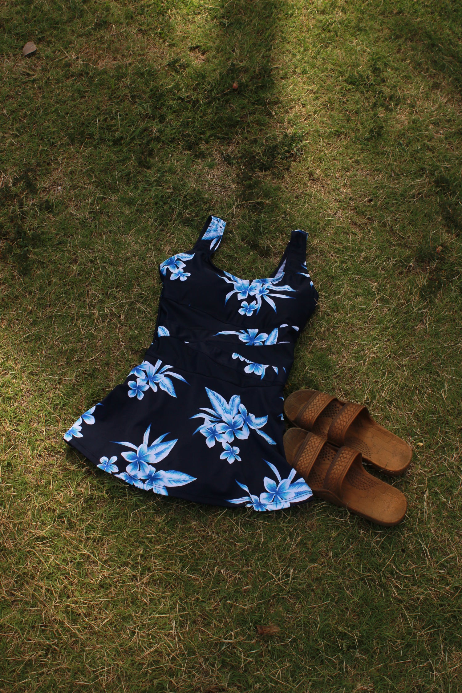 One Piece Skirt Swimwear - Navy Blue with White and Blue Floral Pattern