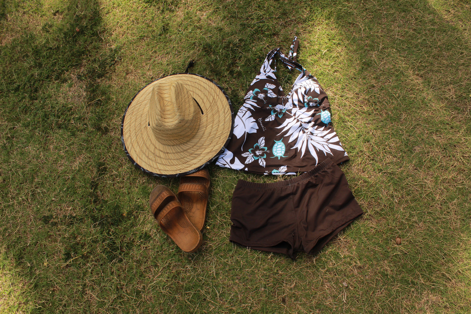 Two Piece Tying Halter Top Tankini Set -  Brown with Blue Hibiscus/Turtle and White Leaves Pattern, with Brown Shorts