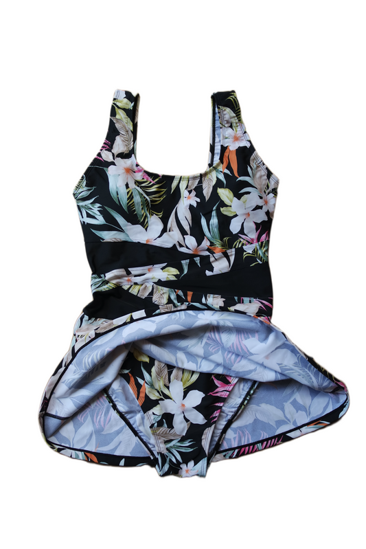 One Piece Skirt Swimwear - Black Hawaiian Multicolor