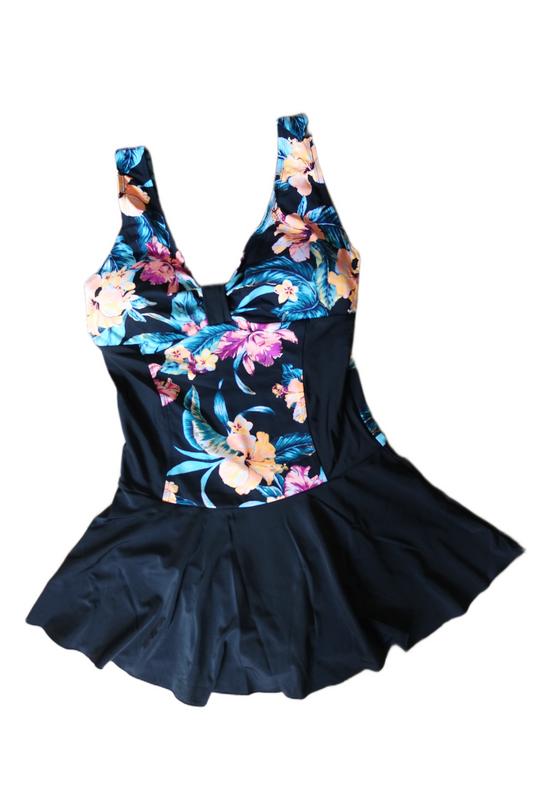 One Piece Skirt Swimwear - Black with Multicolored Floral Pattern