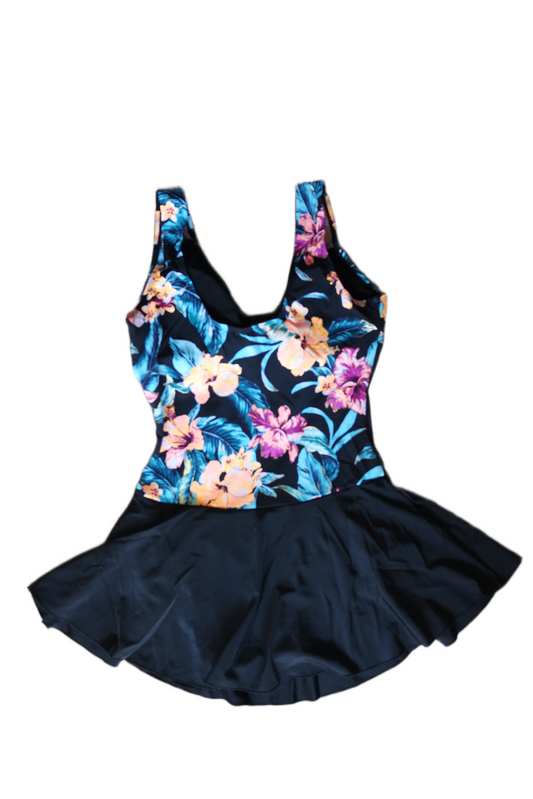 One Piece Skirt Swimwear - Black with Multicolored Floral Pattern