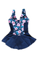 One Piece Skirt Swimwear - Navy Blue with Pink Flowers