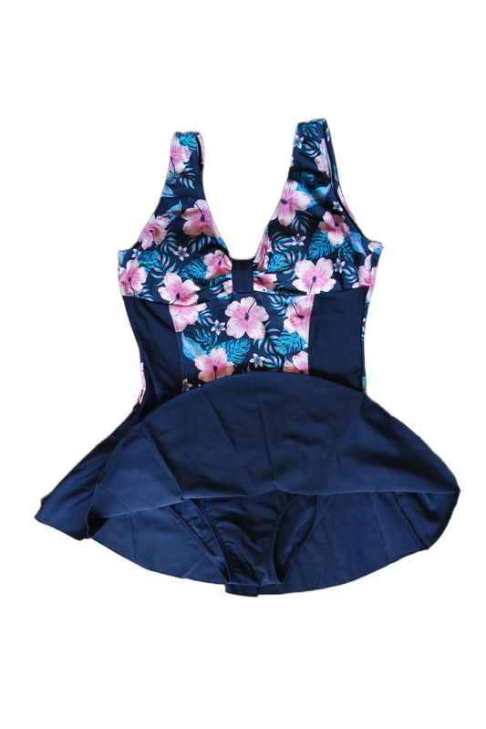 One Piece Skirt Swimwear - Navy Blue with Pink Flowers