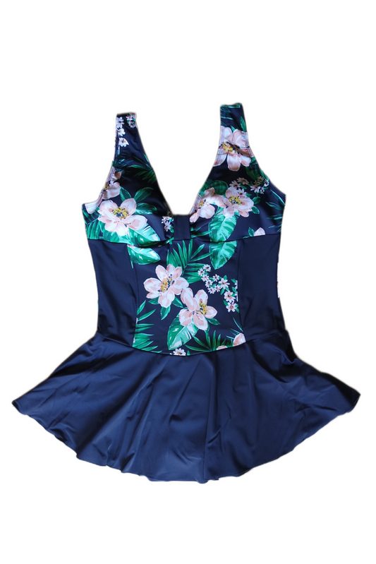 One Piece Skirt Swimwear - Navy Blue with Pink and Green Flowers