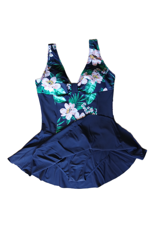 One Piece Skirt Swimwear - Navy Blue with Pink and Green Flowers