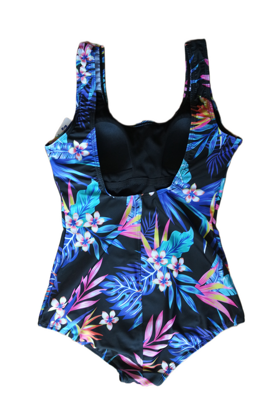 One Piece Swimwear - Black with Multicolored Floral Pattern