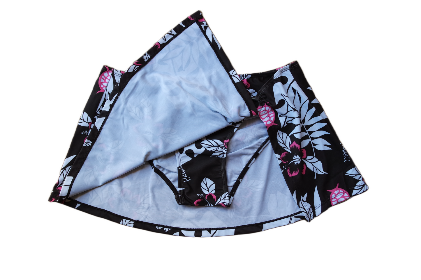 Two Piece Tying Bikini Halter Top Set - Brown with Pink Hawaiian Pattern, with Skirt