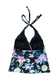 Two Piece Tying Halter Top Tankini Set - Black with Purple and White Flowers, with Black Shorts