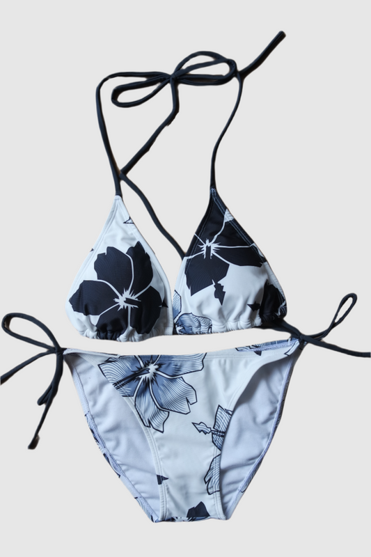 Two Piece String Bikini Set - White and Black Hibiscus