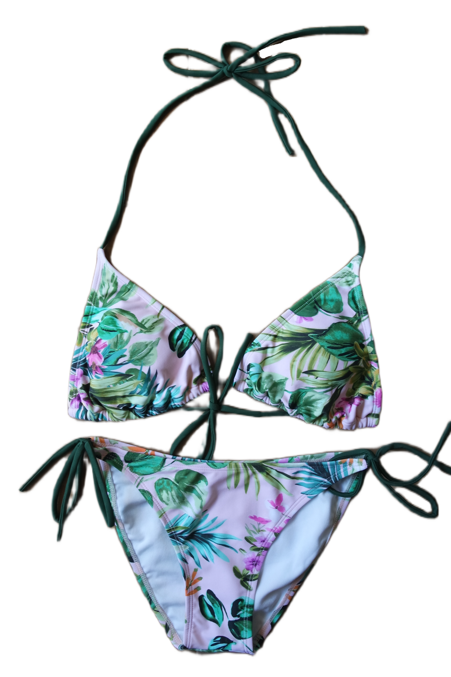 Two Piece String Bikini Set - Pink with Green Floral