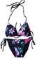 Two Piece String Bikini Set - Black and Pink Hawaiian Floral