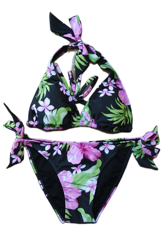Two Piece Fashion Bikini Set - Halter Top - Black and Purple Hawaiian Floral