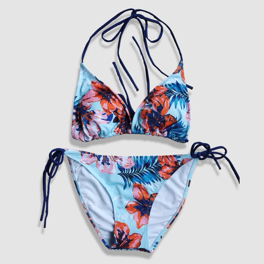 Two Piece String Bikini Set - Blue Hawaiian Floral