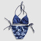 Two Piece String Bikini Set - Navy Blue and White Hawaiian Floral