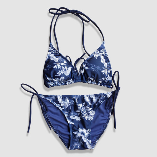 Two Piece String Bikini Set - Navy Blue and White Hawaiian Floral