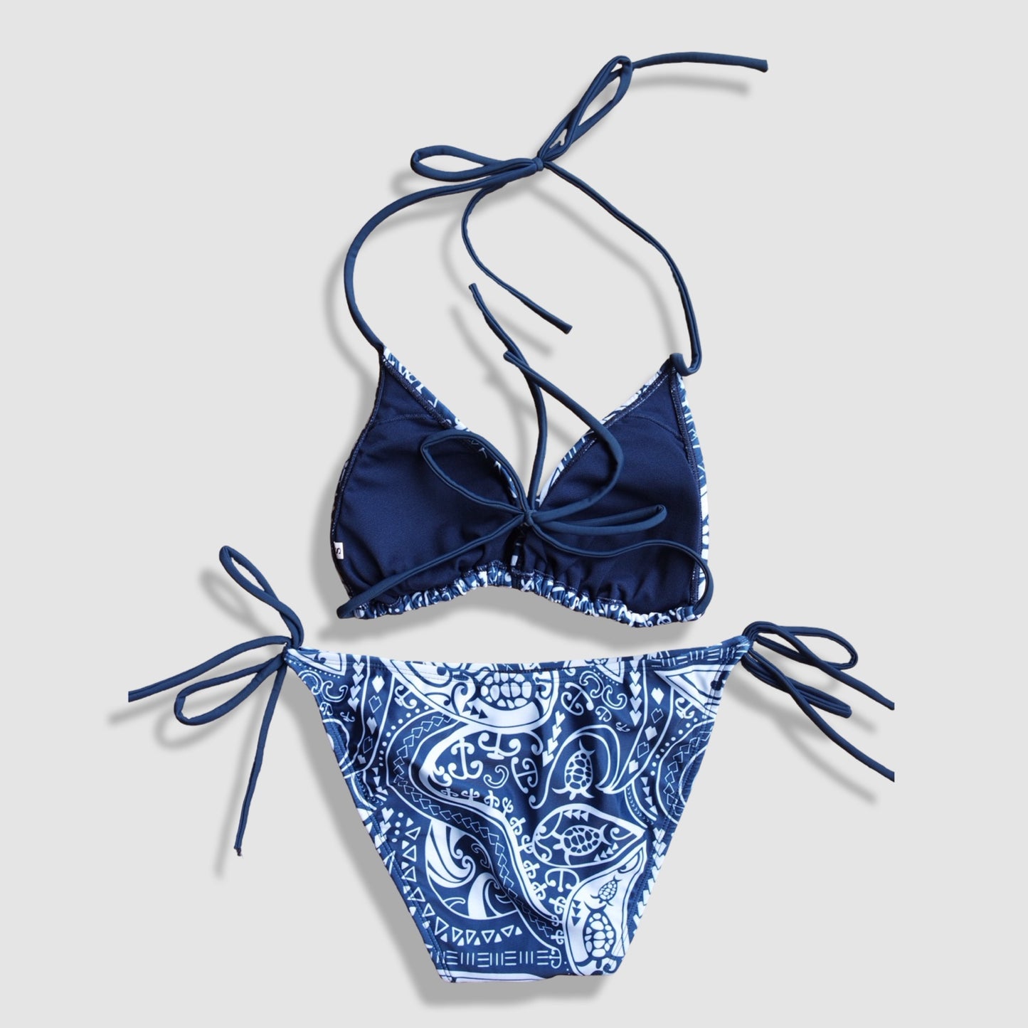 Two Piece String Bikini Set - Navy Blue and White Turtle and Tribal