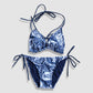 Two Piece String Bikini Set - Navy Blue and White Turtle and Tribal