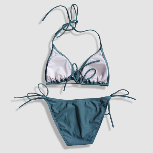 Two Piece String Bikini Set - Solid Green-Gray