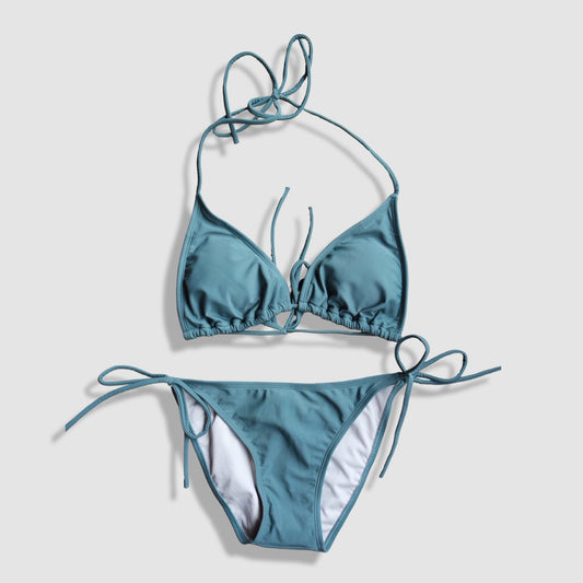 Two Piece String Bikini Set - Solid Green-Gray