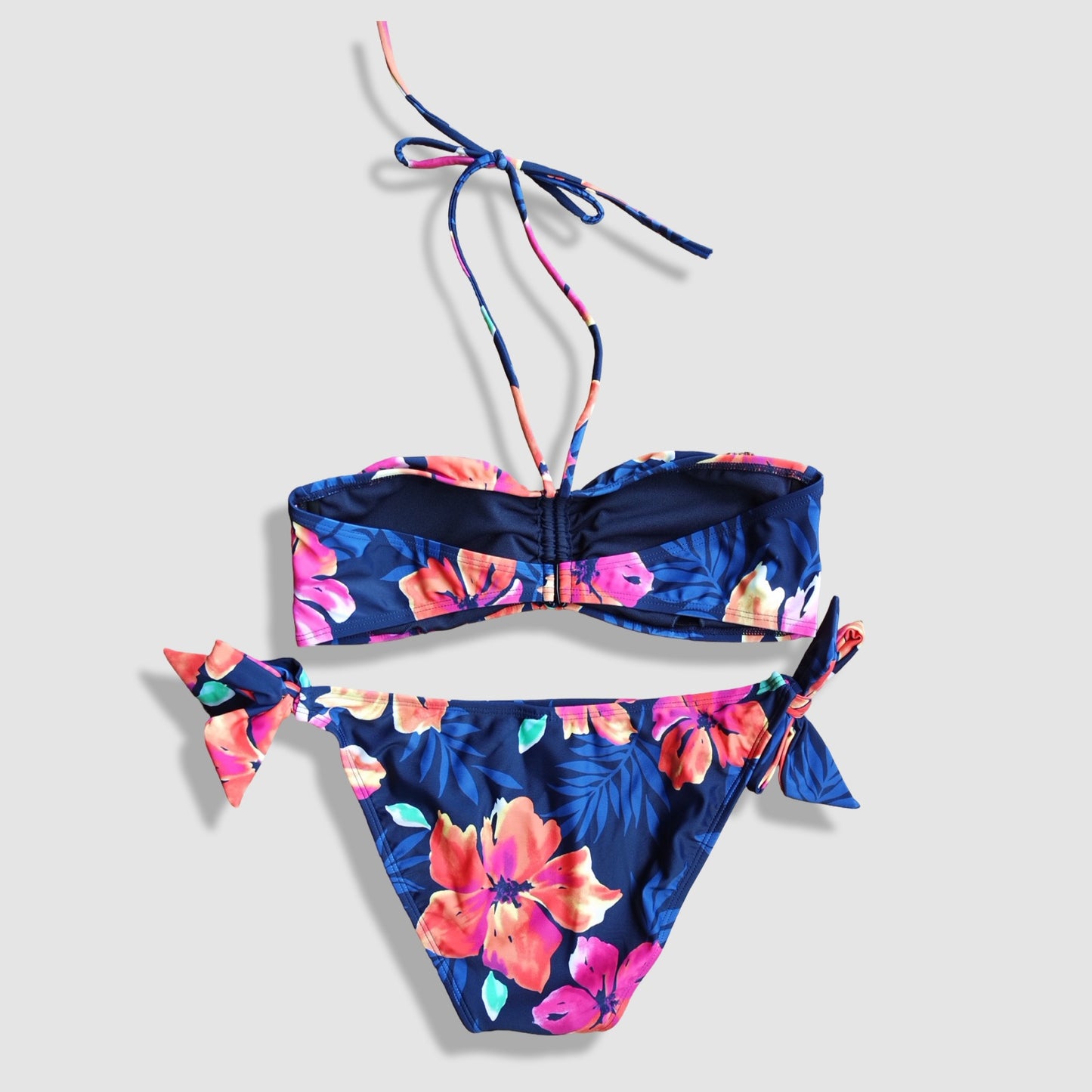 Two Piece Fashion Bikini Set - Navy Blue and Pink Florals